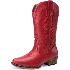 ⚡Women's Red Faux Leather Cowboy Embroidered Stitched Chunky Heel Ankle Boots